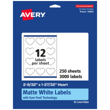 Etiquetas Avery en forma de coraz n blancas mate con alimentaci n segura (2-9/32"" x 1-27/32""), 3000 etiquetas imprimibles blancas mate