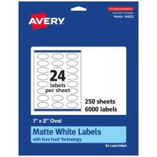 Etiquetas ovaladas Avery blancas mate con alimentaci n segura de 1"" x 2"" (6000 etiquetas imprimibles blancas mate)
