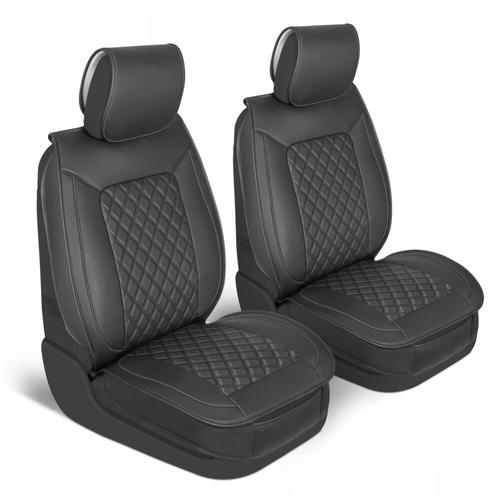 Motorbox Prestige Faux Leather Seat Covers For Cars - (2) Front Semi-Custom Fit & Charcoal Seat Covers For Trucks & Suv - Automotive Seat Covers Black 826942162404