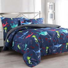 Sapphire Home 8 Piece Shark Full Bedding Set for Boys Bed in a Bag Kids Comforter Set with Bed Sheets Pillow Case Toy Pillow Toddler Bedroom Kit