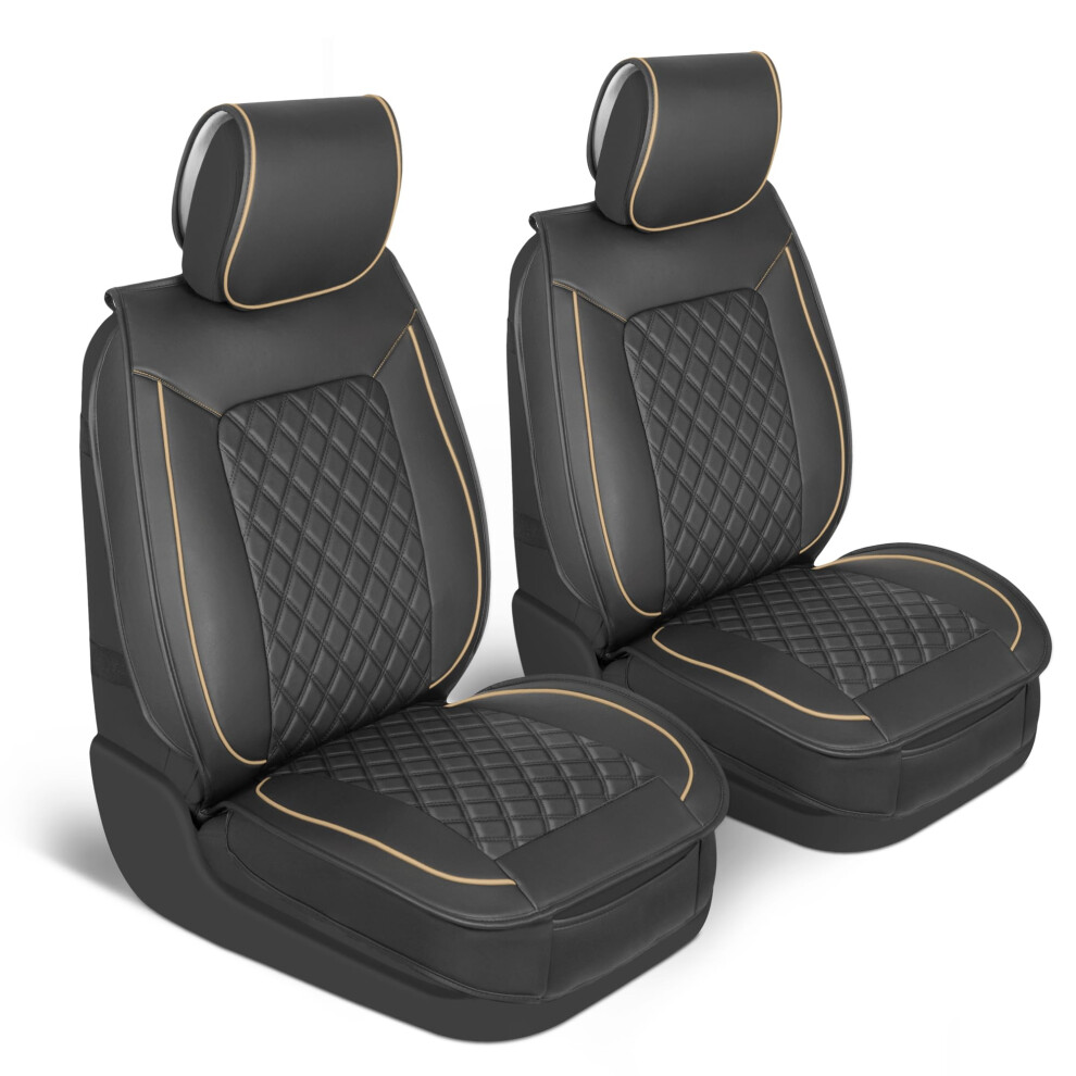 Motorbox Prestige Faux Leather Seat Covers For Cars - (2) Front Semi-Custom Fit & Seat Covers For Trucks & Suv - Automotive Seat Covers & Black/Beige 826942162411