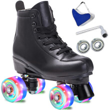 SCNUT Skates Women's Men's High Top Black PU Leather Classic Double Row Adjustable Outdoor Indoor Quad Skates and Roller Derby (Black Flash Wheel  45-