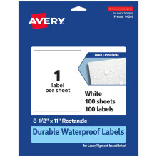 Avery Durable Waterproof Rectangle Labels 8.5"""" x 11"""" 100 Oil and Tear-Resistant Waterproof Labels Laser/Pigment-Based Inkjet Printable Labels