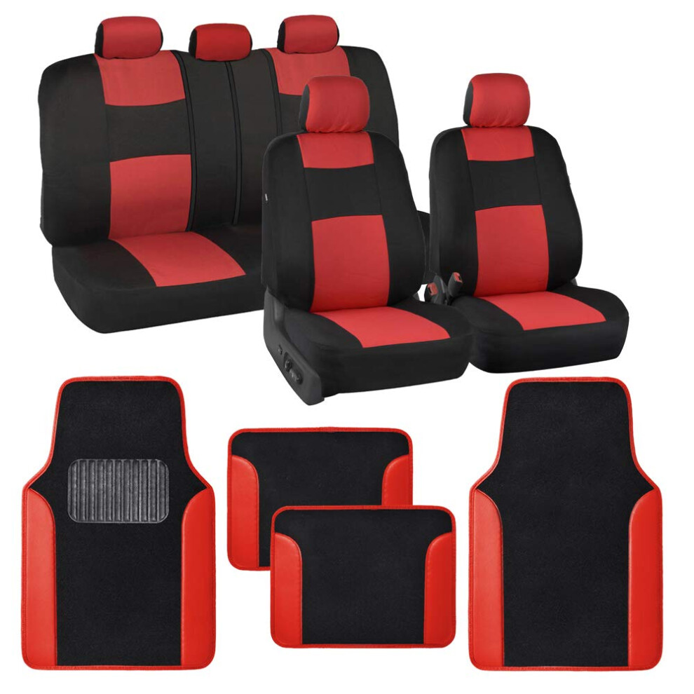Bdk Polypro Car Seat Covers Full Set With 4-Piece Car Floor Mats - Two-Tone Seat Covers For Cars With Carpet Interior Covers For Auto Truck Van S Red 826942138669