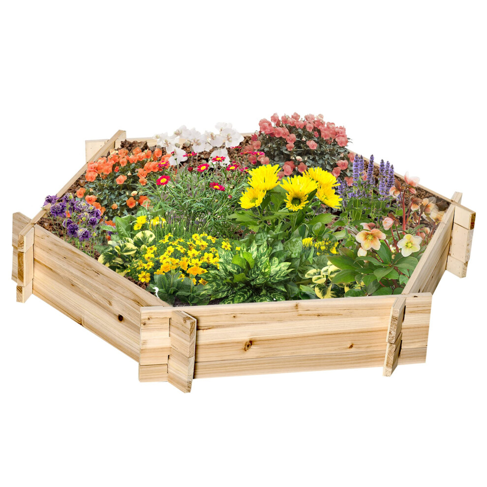 Outsunny Wooden Raised Garden Bed  Hexagon Screwless Planters for Outdoor Plants  Vegetables  Flowers  Herbs  39"""" x 36"""" x 6""""  Natural Wood