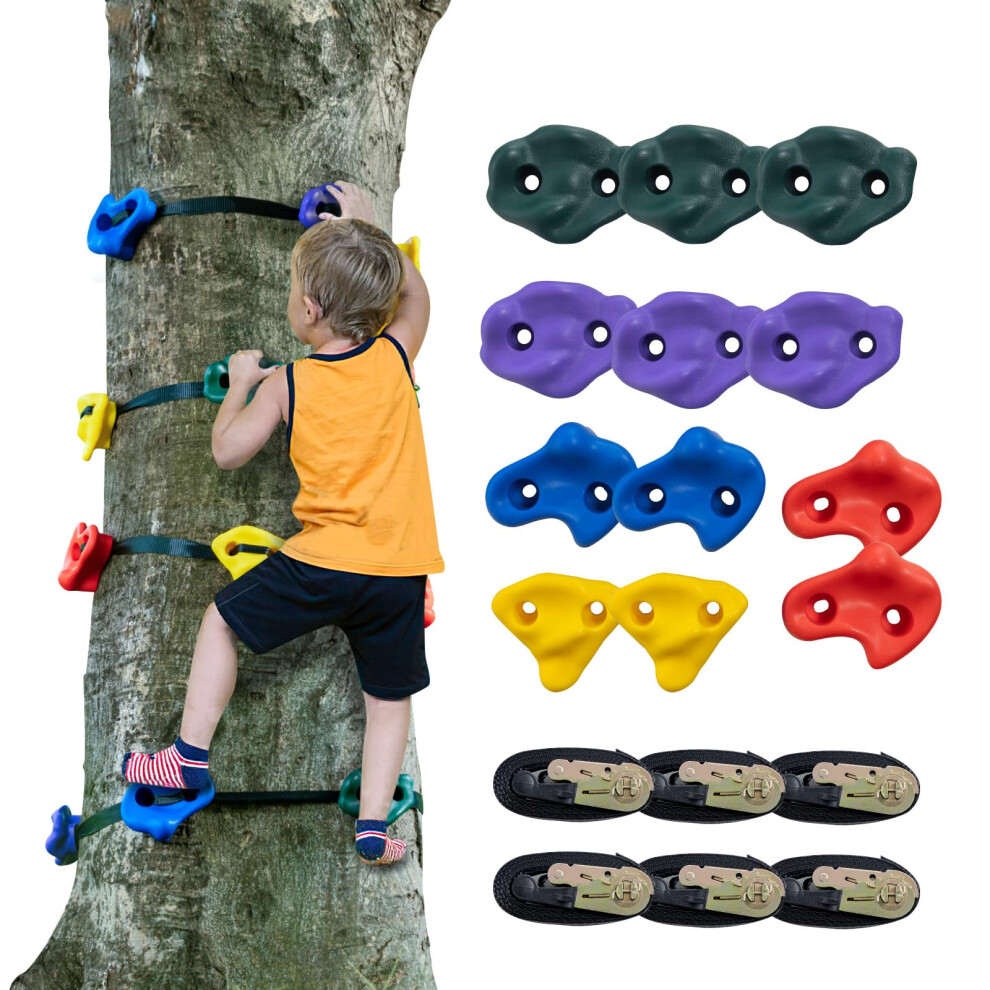 VEVOR Ninja Tree Climbing Kit  12 Tree Climbing Holds and 6 Ratchet Straps  Large Climbing Rocks for Kids and Adults Climber  and Shapes  for Outdoor