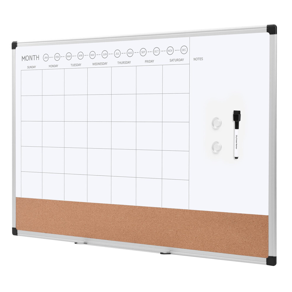 Amazon Basics 24"""" x 36"""" Monthly Whiteboard Calendar with Cork Board  Wall Mounted  Easy to Install  Silver Aluminum Frame
