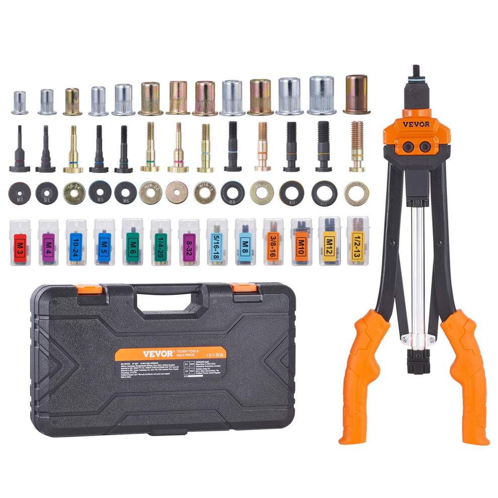 VEVOR Rivet Nut Tool  16 inch Rivnut Tool Kit with 13PCS Metric and SAE Mandrels  186PCS Rivet Nuts  Semi-auto Retraction  M3  M4  M5  M6  M8  M10  M1