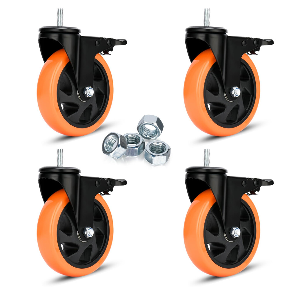 Heavy Duty Swivel Wheels 5 Inch Pvc Casters With Stem 3/8''-16X1'' Dual Locking Industrial Caster Safety Wheels Load Bearing 1500 Lbs Castors Set Of 4 753165903463