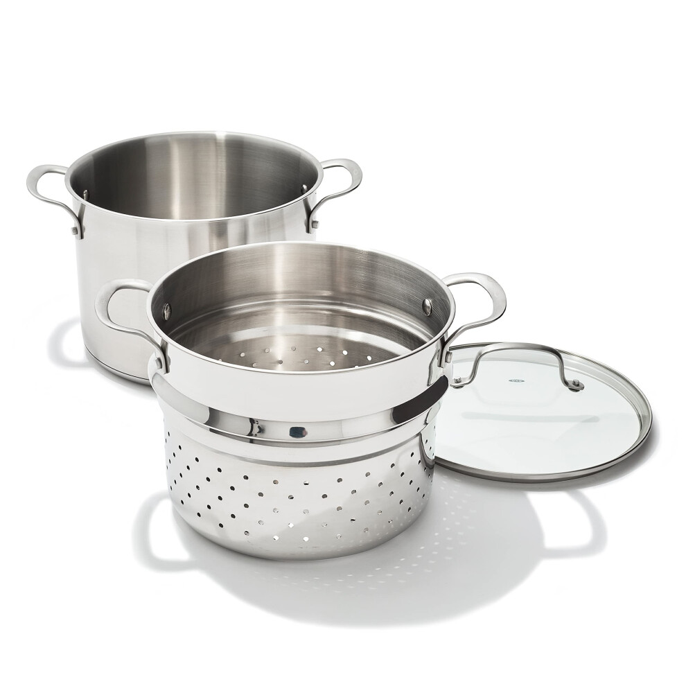 OXO Stainless Steel 8.4QT Multipurpose Boiler Pot with Steamer Insert & Glass Lid  Stockpot for Simmering  Boiling  Steaming  Stew  Soup  Pasta  Induc