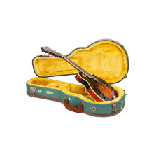 CrossRock Master Series F-Style Mandolin Case | Malachite Blue Tweed Exterior Re-ENGINEERED TROE SCAL LEATHER HANDEL Ryggsck Rems & Gold Velvet