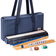 Set da Mahjong Americano Yellow Mountain Imports Indigo Tides - Custodia morbida blu 4 rastrelliere tutto in uno con spingitori, monete segnapunt
