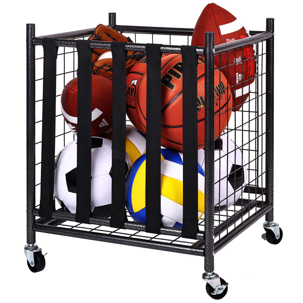 Chariot de rangement pour ballons Fitvids avec paniers et crochets, pour   quipement de sport, rangement roulant pour garage, acier noir