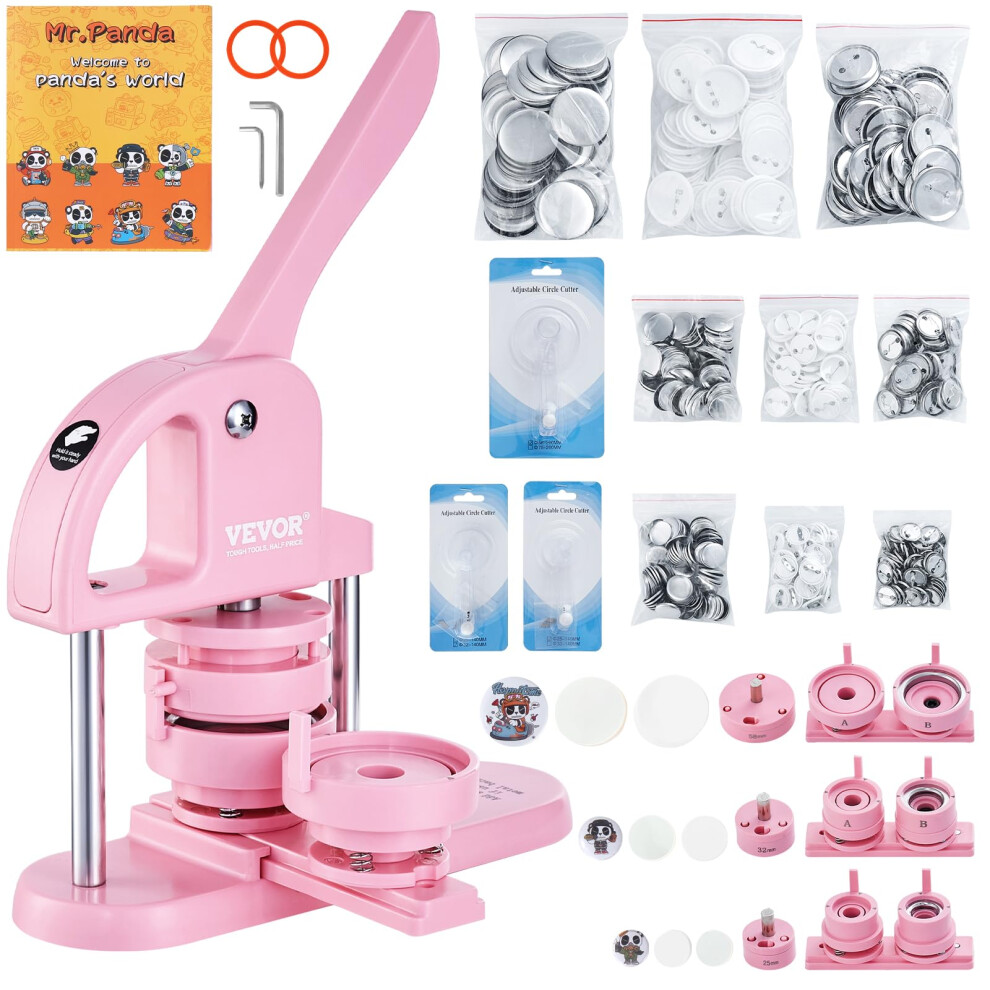 VEVOR Button Maker Machine  25/32/58mm(1/1.25/2.25 inch) 3-in-1 Button Maker with 300pcs Button Parts  Ergonomic Arc Handle Punch  Pin Maker with Pand