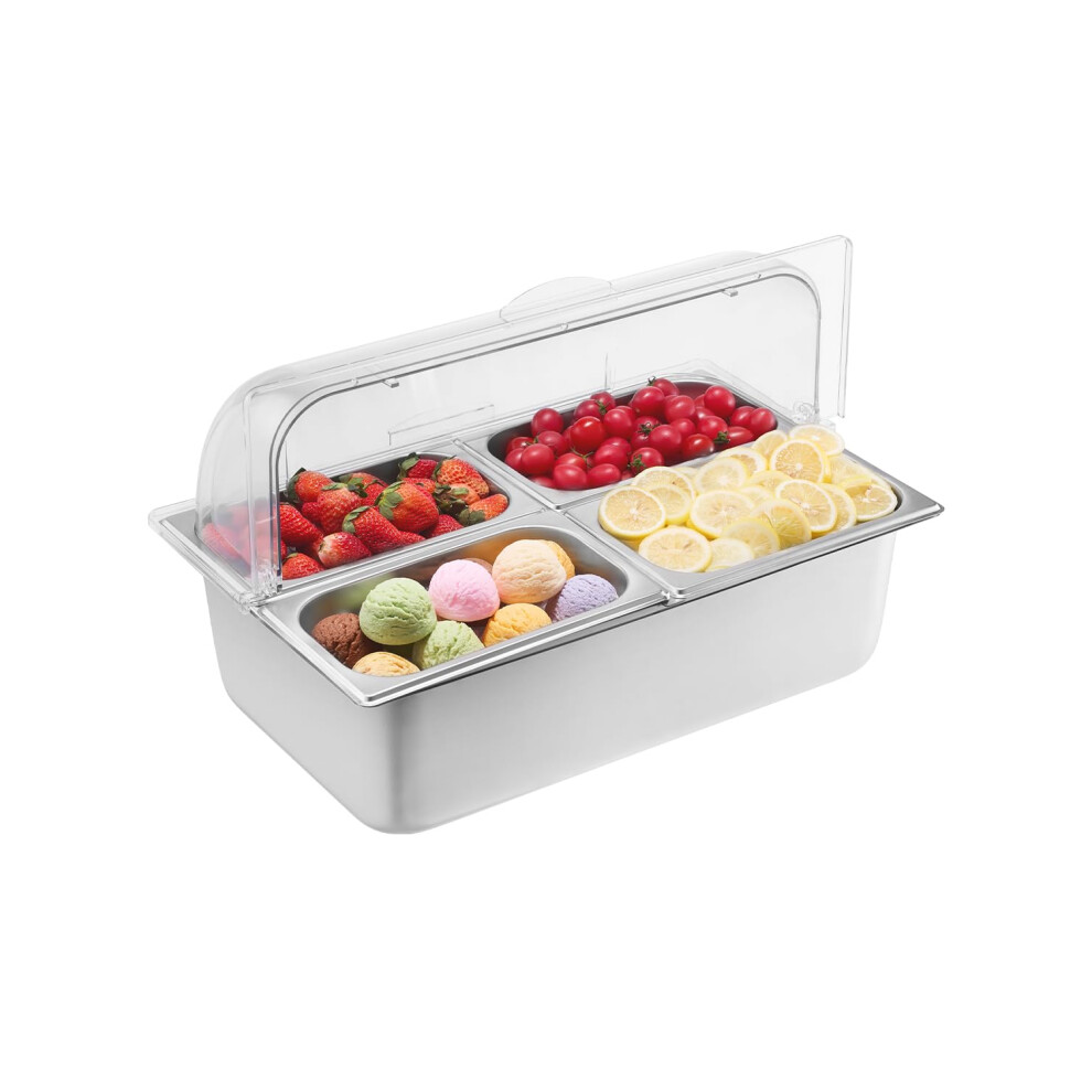 VEVOR Countertop Food Serving Display Container  4 Pan Stainless Steel Food Serving Tray  Buffet Condiment Dispenser Display Rack with Clear Lid & 3 F