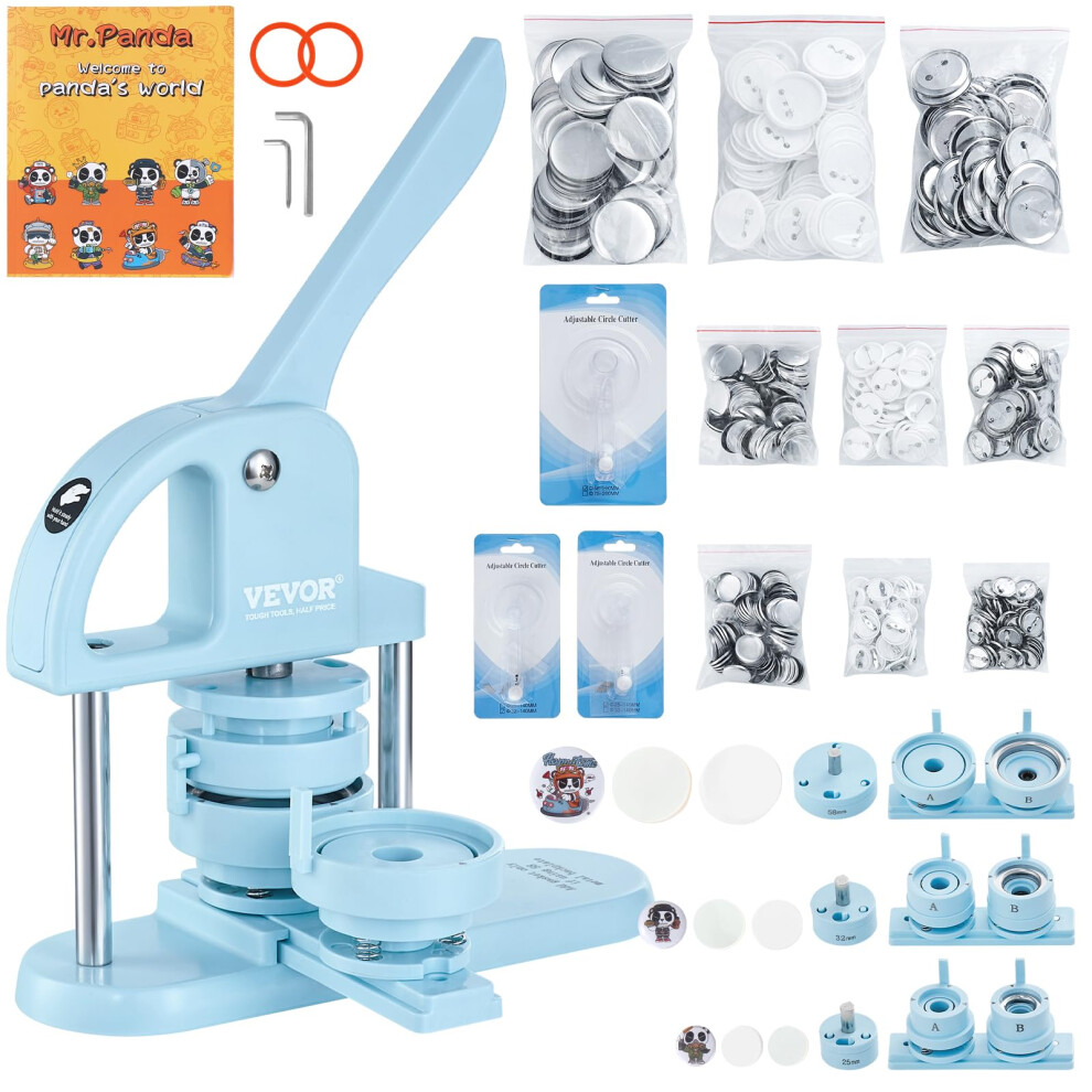 VEVOR Button Maker  1/1.25/2.28 inch(25/32/58mm) 3-in-1 Pin Maker  300pcs Button Parts  Ergonomic Arc Handle Punch Press Kit  Button Maker Machine wit