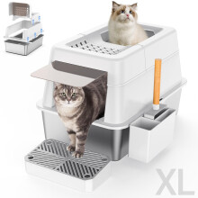 Rustfrit stålkasse med låg XL Ekstra stor lukket kattekuldboks til store katte 110 Flip Cover Top Entry Metal High-sidet kassekasse & Pedal & Sco