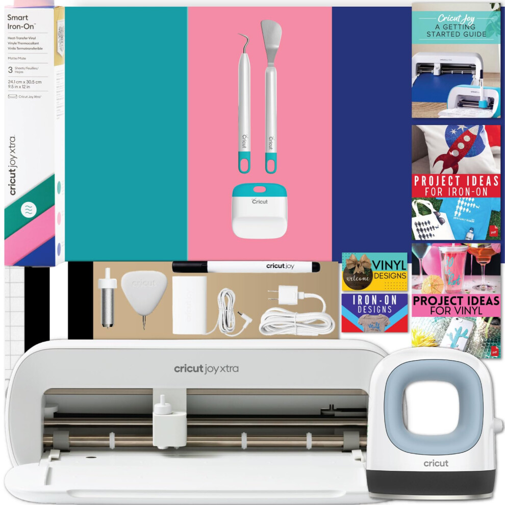 Cricut Joy Xtra and EasyPress Mini with Iron-On Vinyl Sampler Pack and Tool Kit Bundle - Cutting Machine with Small Heat Press and HTV Accessories  Cr