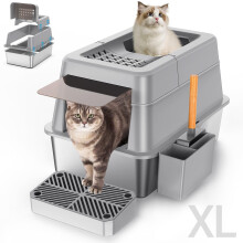 Rustfrit stålkasse med låg XL Ekstra stor lukket katte kuldboks til store katte 110 Flip Cover Top Entry Metal High-sidet kassekasse & Pedal & Sc