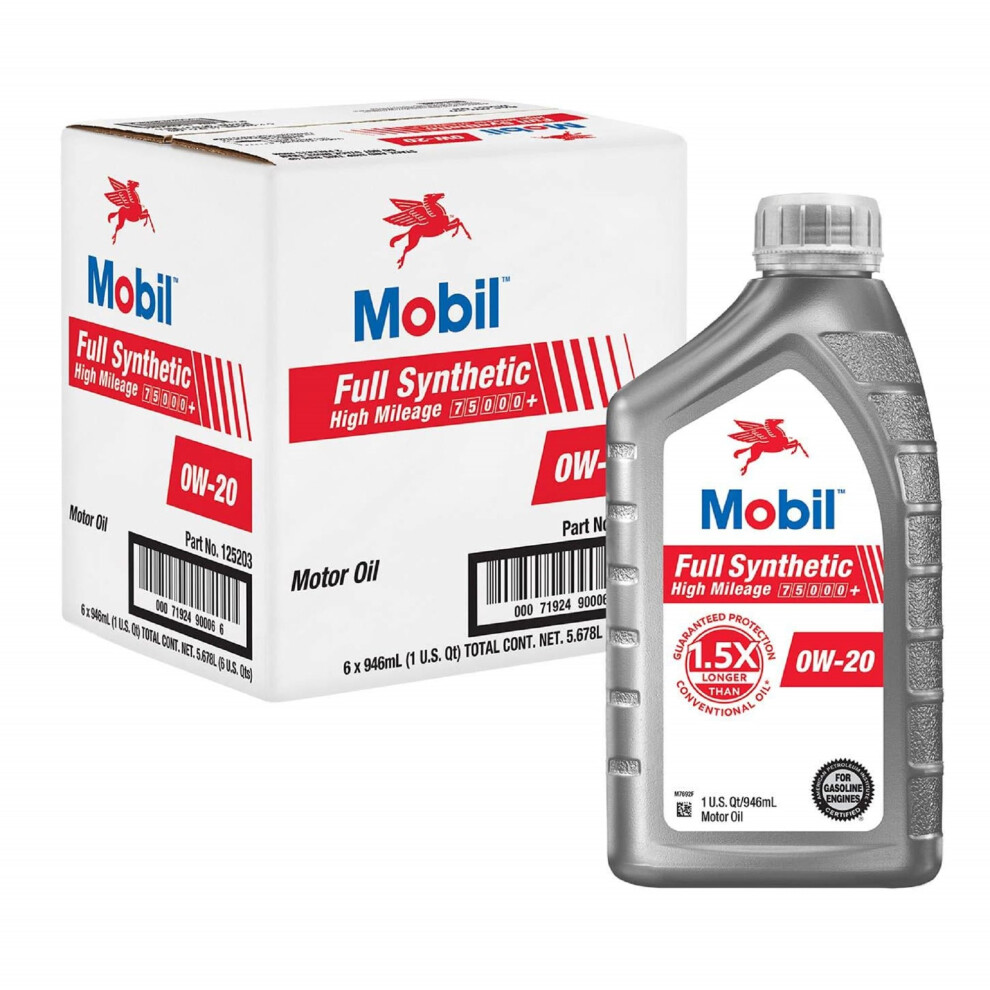 Mobil Full Synthetic High Mileage Motor Oil 0W-20 1 Quart (6-pack)