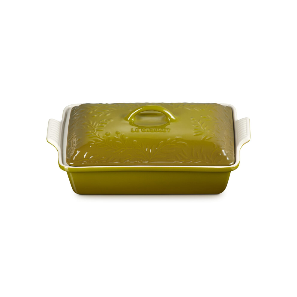 Le Creuset Olive Branch Collection Stoneware Heritage Rectangular Covered Casserole  4 Qt.  Olive