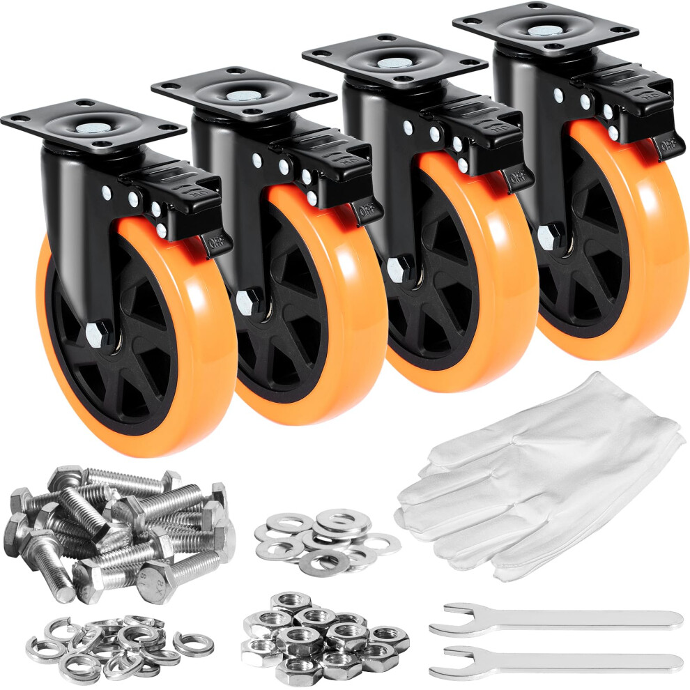 VEVOR 6-Inch Swivel Plate Casters  Set of 4  With Security A/B Locking No Noise PVC Wheels  Heavy Duty 2800 lbs Load Capacity  Non-Marking for Cart Fu