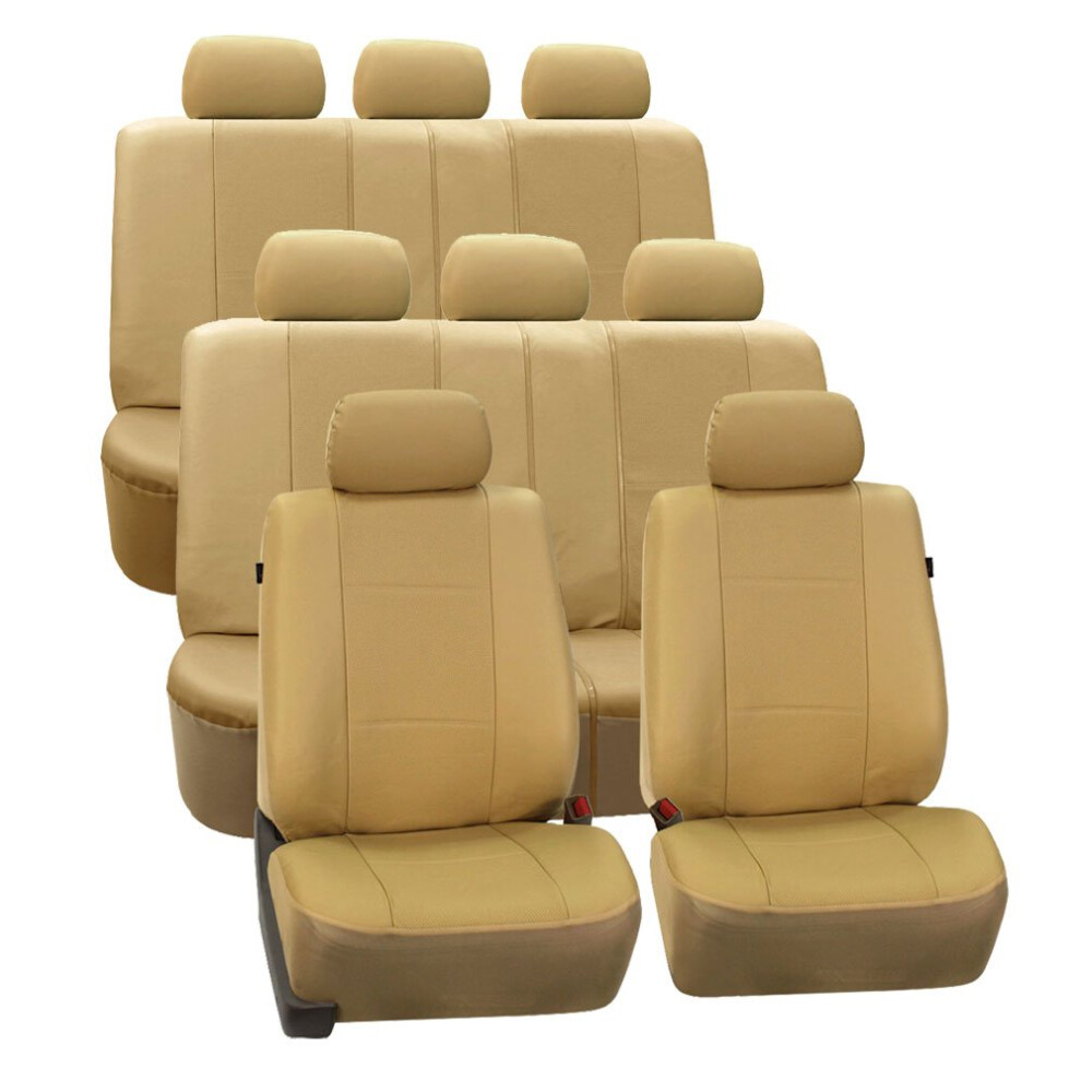 Fh Group Three Row Car Seat Covers Deluxe Leatherette With 8 Seater Airbag Compatible And Rear Split - Universal Fit For Cars Trucks & Suvs (Beige) Beige 196342026881