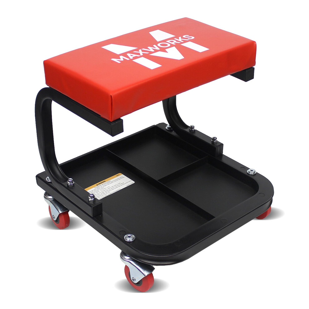 Maxworks 50875 Mechanics Roller Seat 250 Lbs Capacity Padded Rolling Workshop Stool With Tool Tray Storage For Garage Shop Auto Repair 812351038751