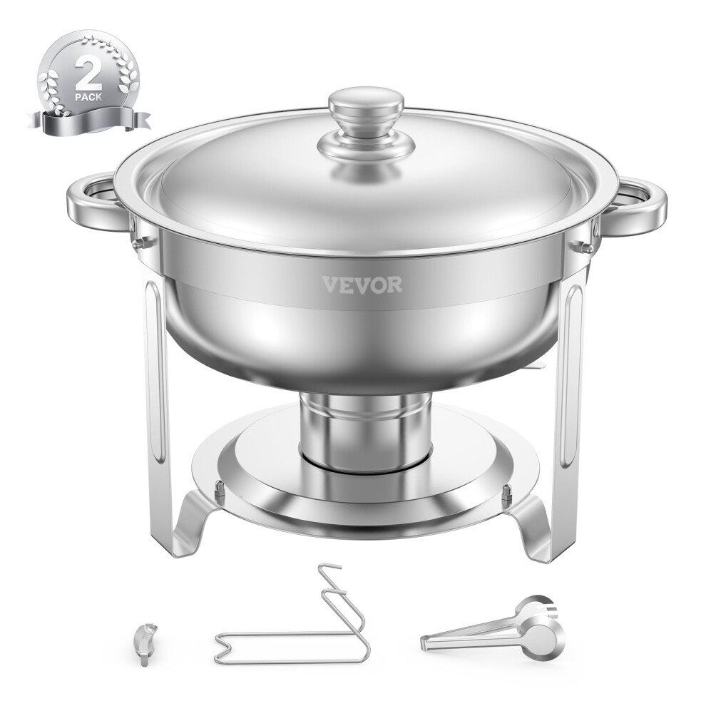 VEVOR Chafing Dish Buffet Set  5 Qt 2 Pack  Stainless Steel Chafer with 2 Full Size Pans  Round Catering Warmer Server with Lid Water Pan Folding Stan