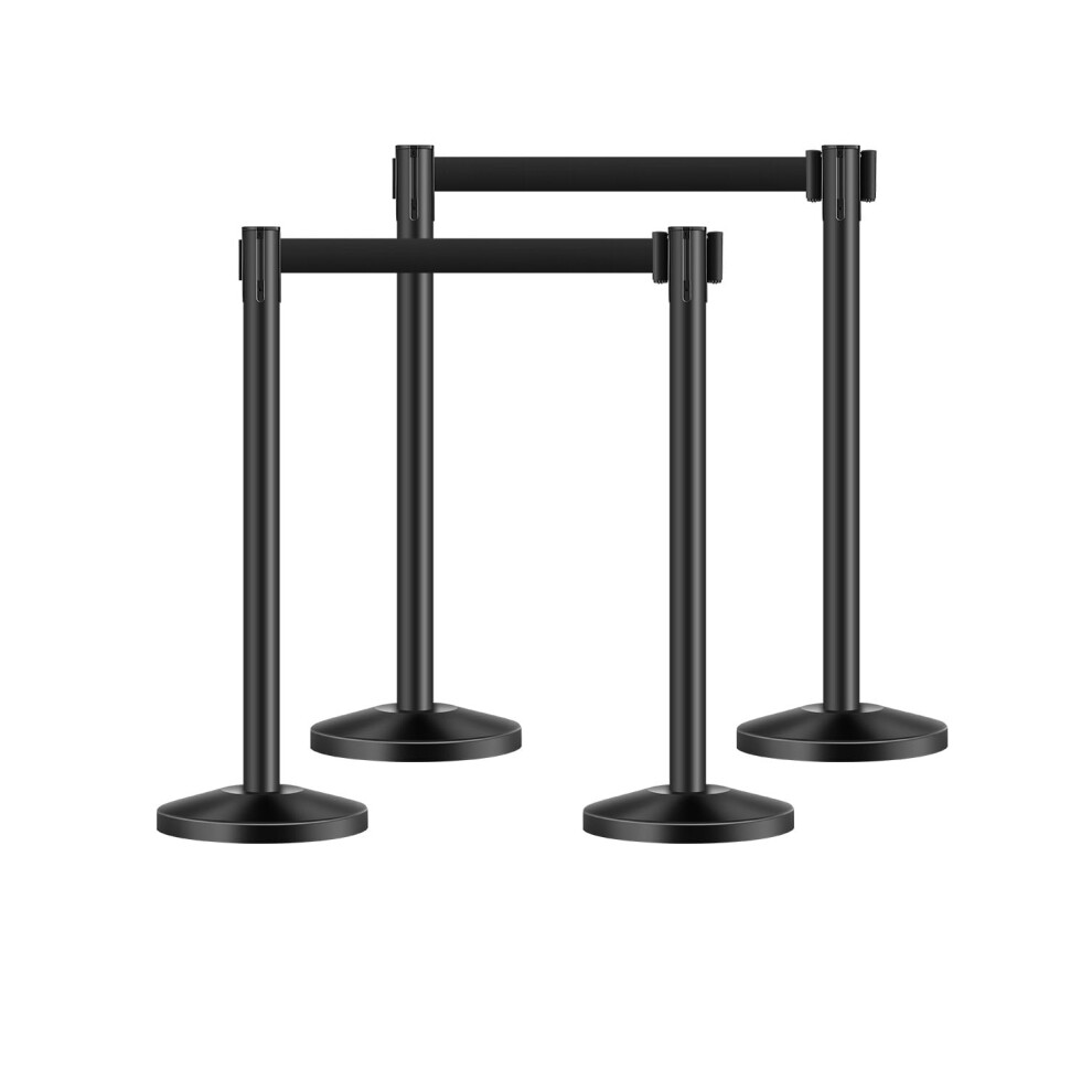 VEVOR Stanchion Post  4 Pcs Stanchions with Retractable Belts  Carbon Steel Black Stanchions Queue with Sand Injection Hollow Base  Crowd Control Barr