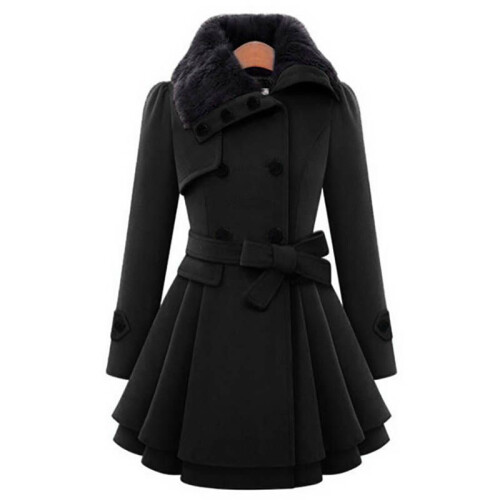 (Black, Tag 3XL=US XL) Women Ladies Fur Collared Winter Long Peacoat Coat Trench Outwear Jacket Dress