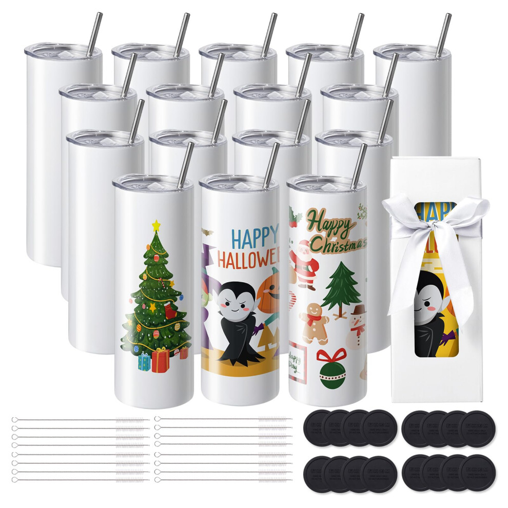 Vevor 16 Pack Sublimation Tumblers 20Oz Skinny Straight Stainless Steel Sublimation Tumblers Blank Stainless Steel Double Wall Tumbler For Heat Tran