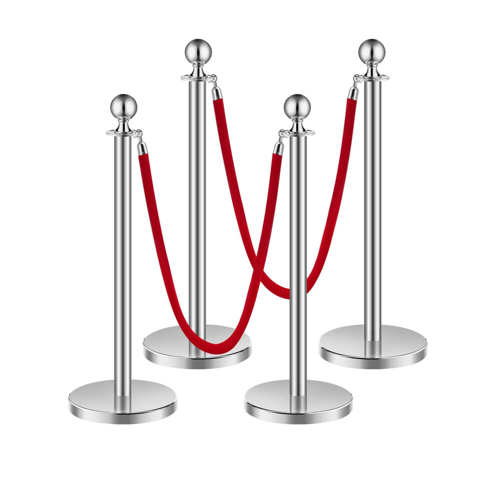 VEVOR Stanchions and Velvet Ropes 4Pcs  Hollow Base with Stainless Steel Post  2 Red Velvet Ropes and Posts  Crowd Control Barriers Silver Stanchions