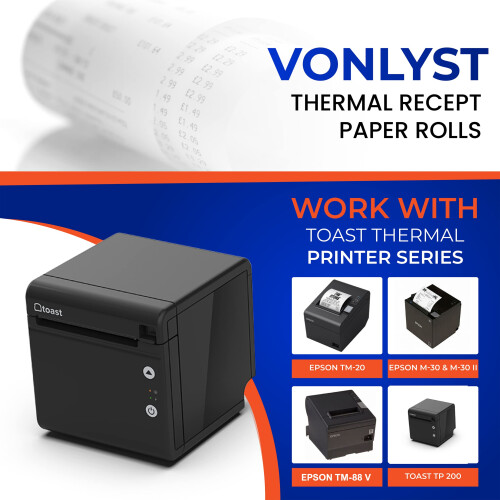 Vonlyst termoprinter papirrulle til toast TP200 kvitteringsprinter salgssted (24 ruller) 1