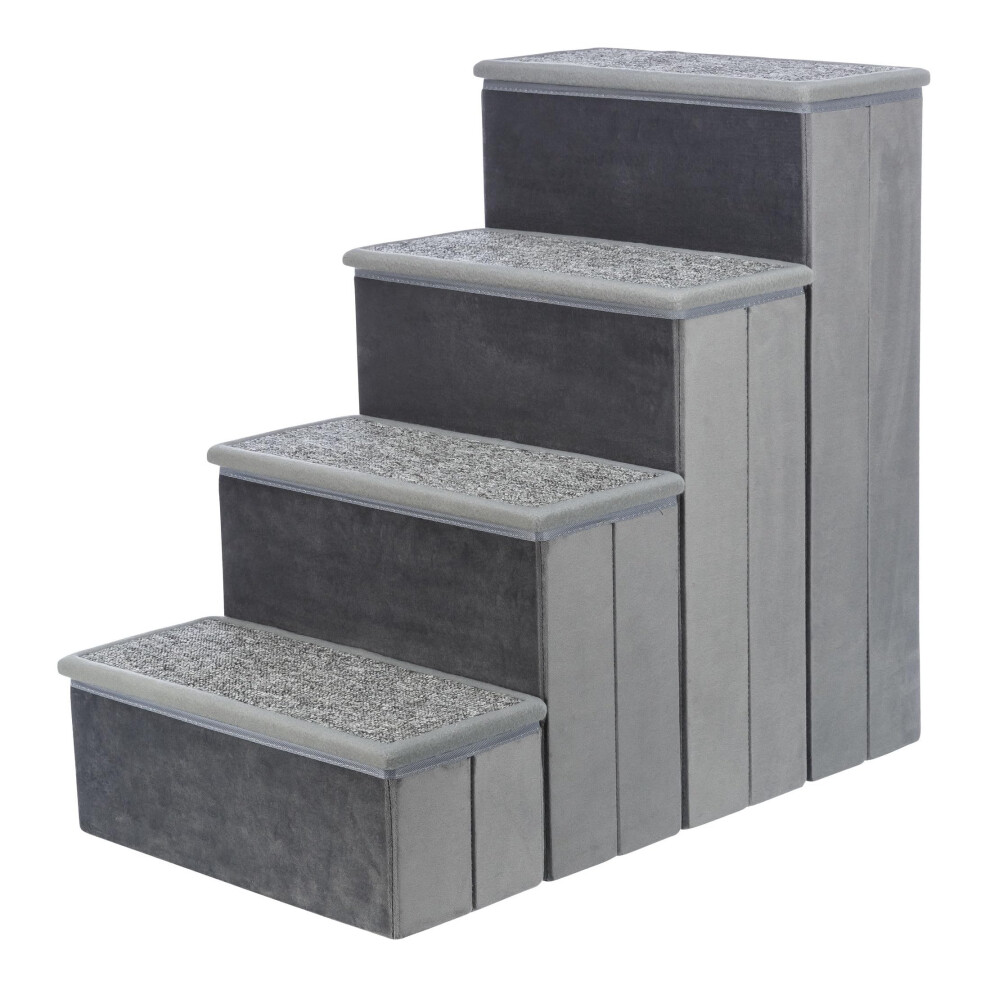 TRIXIE Velour Dog Stairs with Tread Steps - 4 Step Pet Stairs for Beds and Couches - Foldable with Additional Storage Space - in Gray