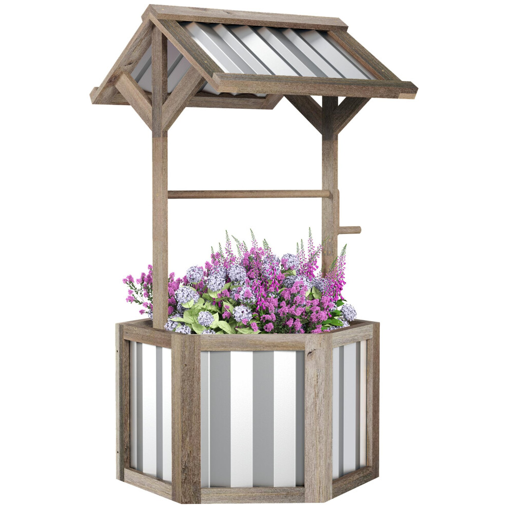 Outsunny Wooden Wishing Well Planter  Raised Garden Bed with Galvanized Canopy  Hexagon Outdoor Planter Box for Flowers  Herbs and Vegetables  Light G
