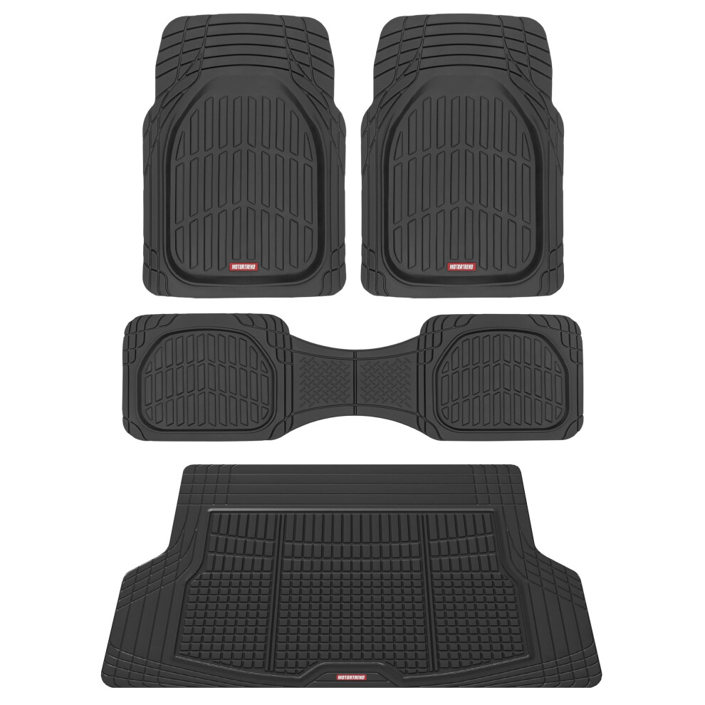 Motor Trend Flextough Contour Liners Deep Dish 3 Pc Rubber Floor Mats & Trimmable Trunk Liner Cargo Mat - Heavy Duty All Weather Protection Car Mats W 826942170546