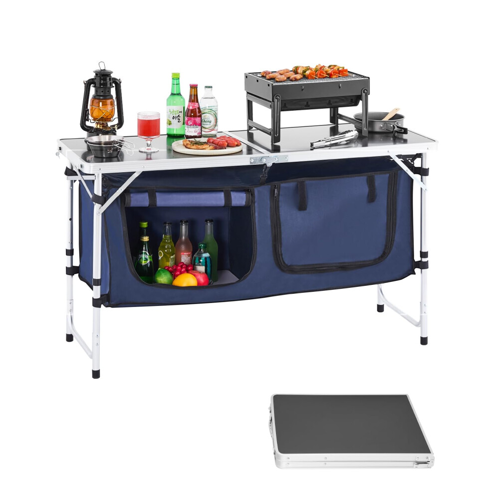 VEVOR Camping Kitchen Table  Folding Outdoor Cooking Table  3 Adjustable Height  Aluminum Lightweight Portable Cook Station with Storage Organizer  Ca