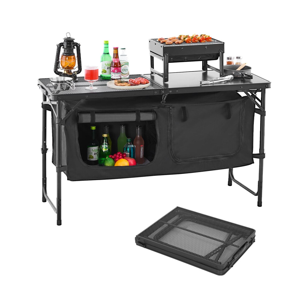 VEVOR Camping Kitchen Table  Folding Outdoor Cooking Table  3 Adjustable Heights  Aluminum Lightweight Portable Cook Station with Storage Organizer  C