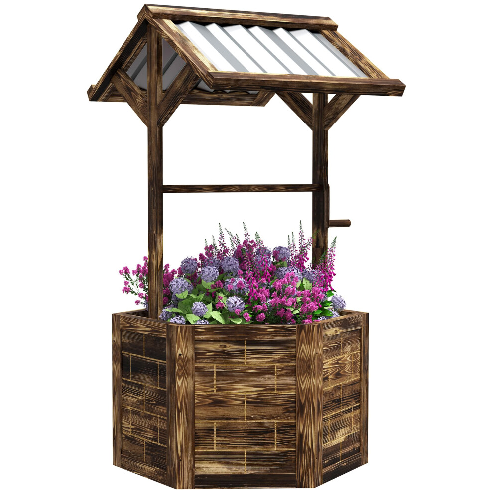 Outsunny Wooden Wishing Well Planter  Raised Garden Bed with Galvanized Canopy  Hexagon Outdoor Planter Box for Flowers  Herbs and Vegetables  Tan