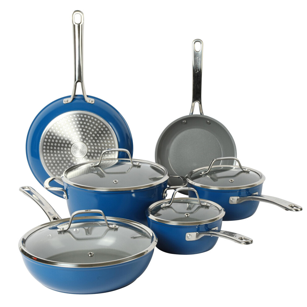 Sur La Table Kitchen Essentials 10 Piece PFA Free Titanium Ceramic Nonstick Interior Forged Aluminum Cookware Pots and Pans Set - Blue - Induction Com