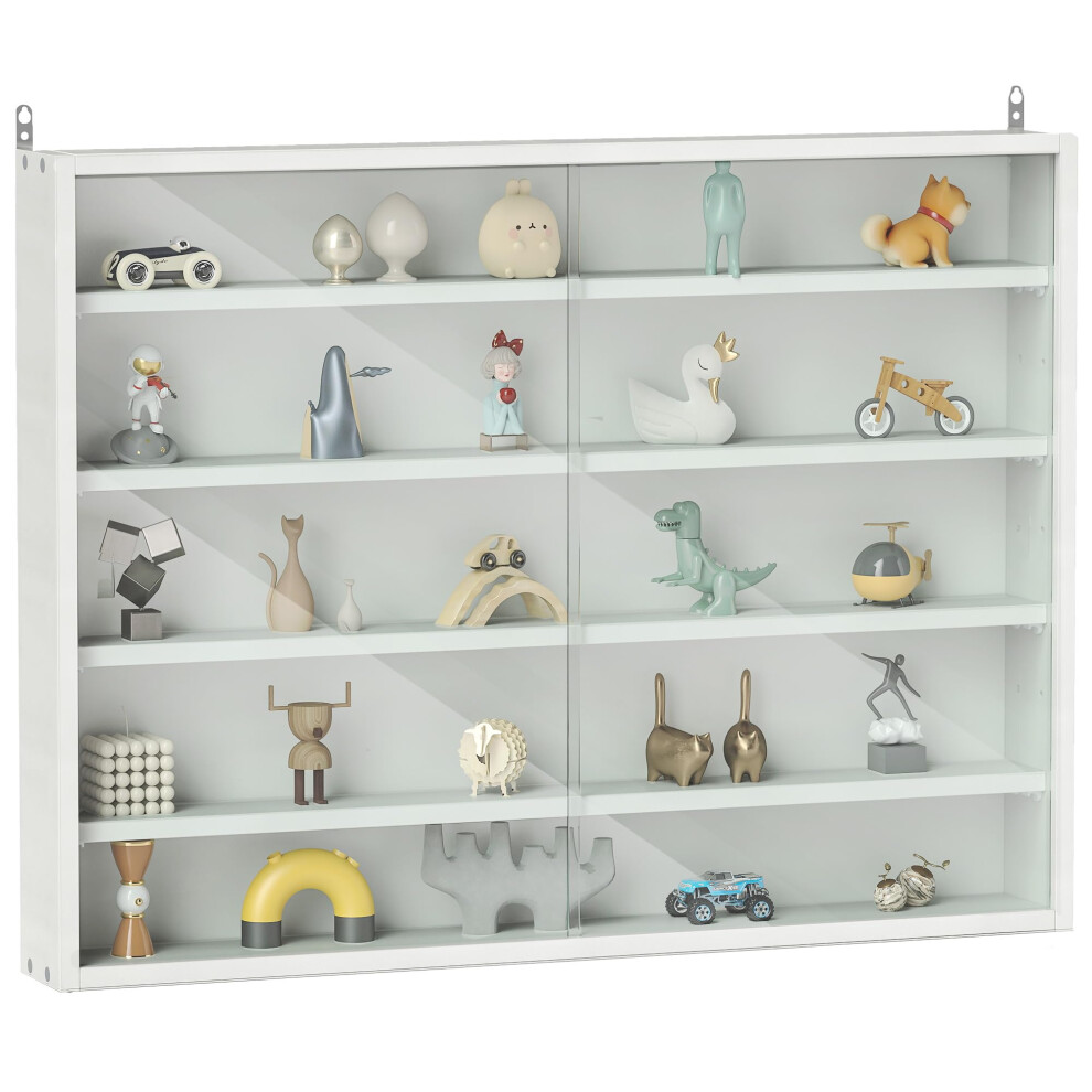 HOMCOM 5-Tier Display Cabinet  Glass Door Cabinet with Adjustable Shelves  Wall-Mounted Display Case for Playroom  Bedroom  White