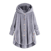 (Light Gray, M) Winter Women Solid Fluffy Coat Overcoat Button Jacket Tops Outwear Sweater Loose