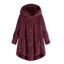 (Red, 3XL) Winter Women Solid Fluffy Coat Overcoat Button Jacket Tops Outwear Sweater Loose