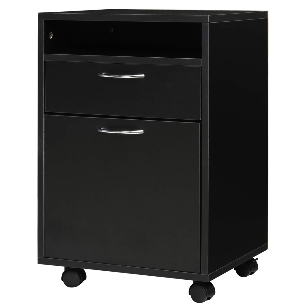 HOMCOM Mobile Storage Cabinet Organizer with Drawer and Cabinet  Printer Stand with Castors  Black