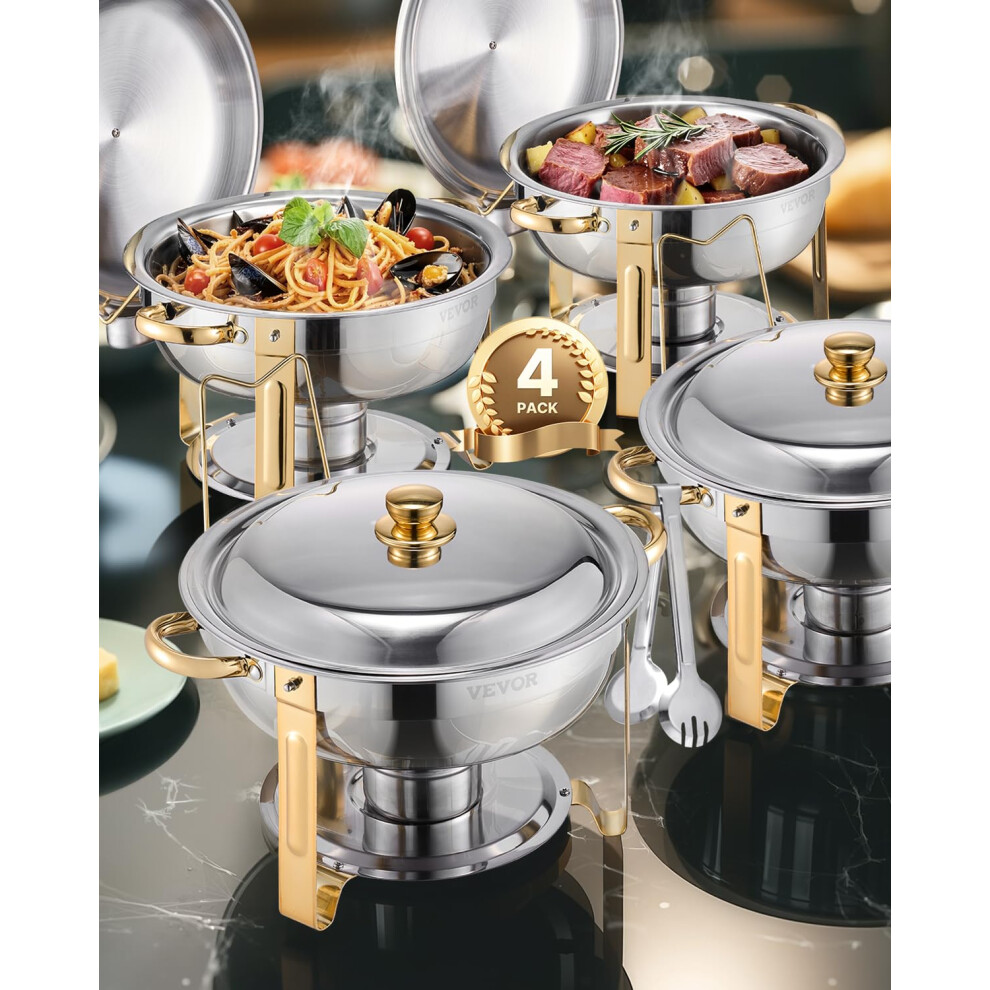 VEVOR Chafing Dish Buffet Set  5 Qt 4 Pack  Stainless Steel Chafer with 4 Full Size Pans  Round Catering Warmer Server with Lid Water Pan Folding Stan