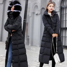 (Black, L) Down Womens Jacket Winter Hooded Long Fur Collar Thicken Coat Warm Parka Outwear