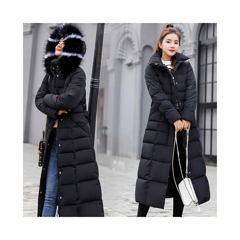 (, M) Down Womens Jacket Winter Hooded Long Fur Collar Thicken Coat Warm Parka Outwear Black