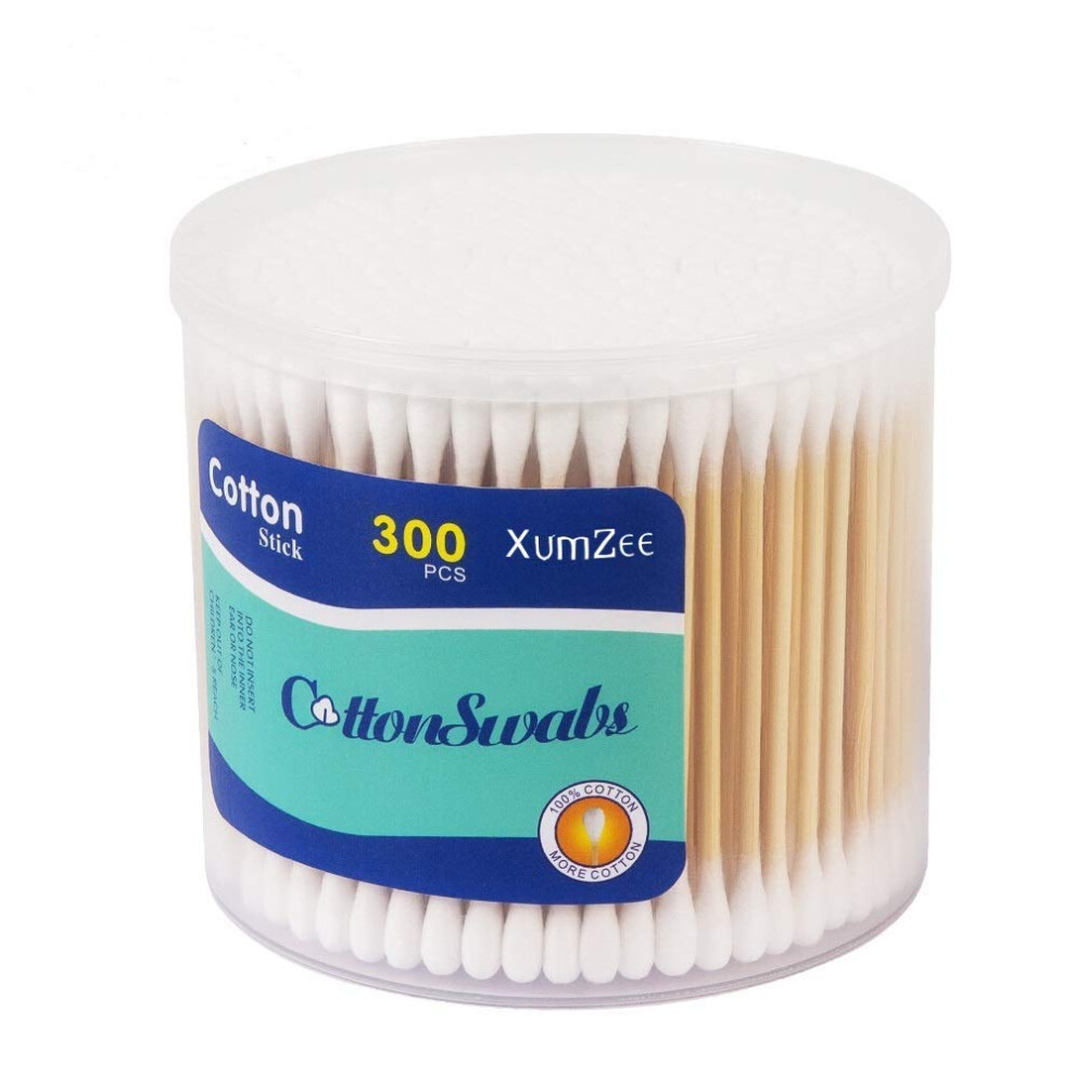 Xumzee 300Ct Cotton Swabs With Strong Bamboo Sticks By Xumzee: 100% Pure Natural Cotton Biodegradable Chemical Free Cotton Buds