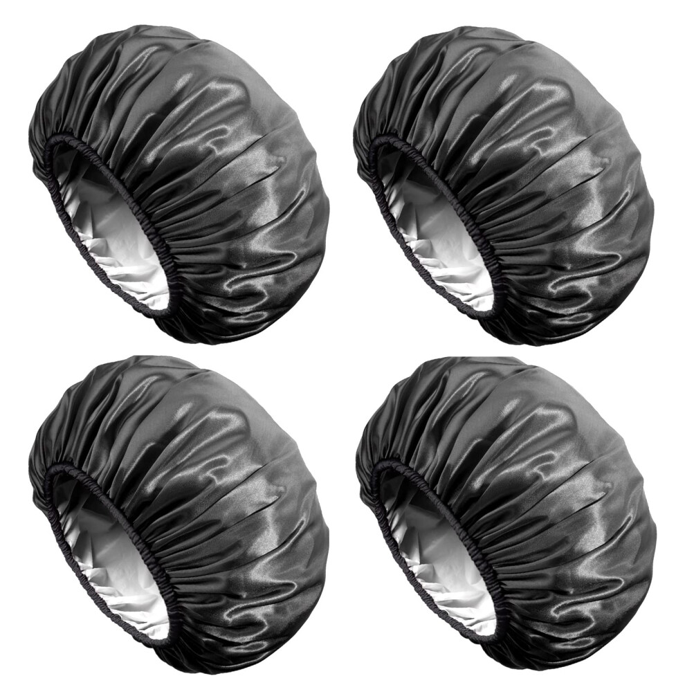 Aquior Black Shower Cap Extra Large Shower Cap For Men Satin Eva Double Layer Waterproof Reusable Hair Cap For Women Long Hair(All 4 Pack)